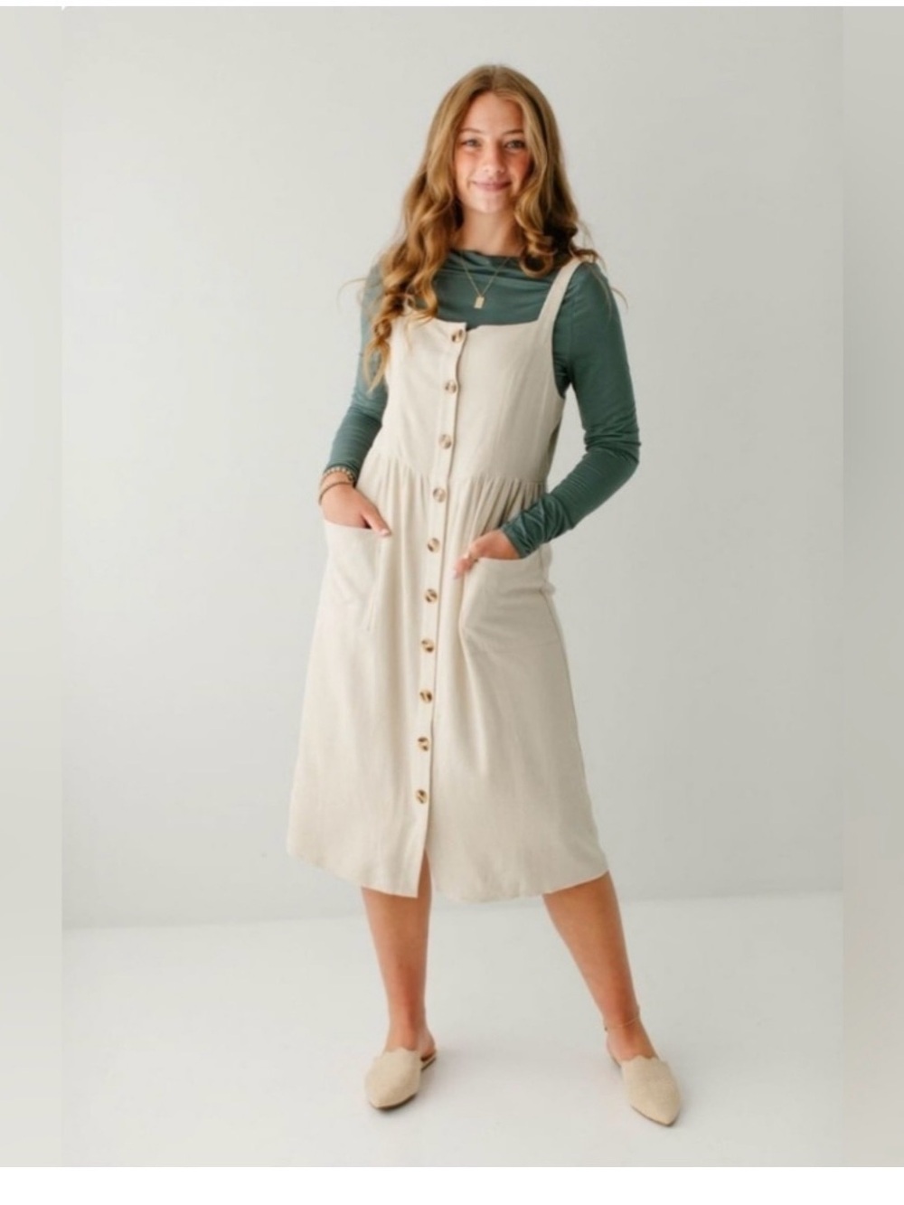 The Main Street Exchange Cream Linen Blend Jumper Dress with Pockets Size L